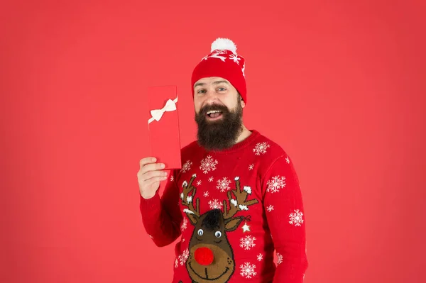 By golly, be jolly. merry christmas. my xmas gift. seasonal sales. santa left me present. happy new year. cheerful bearded man go shopping. boxing day concept. winter holidays. his favorite sweater — Stock Photo, Image