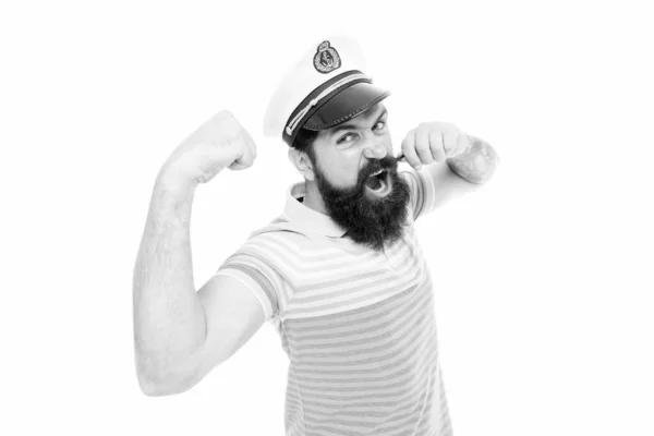 Heer van de zeeën. Reis concept. Zomervakantie. Hipster baard snor Sailor hoed. Captain Cruise Liner. Brute Seaman geïsoleerd op wit. Captain concept. Bearded Man kapitein van het schip. Sea Cruise — Stockfoto