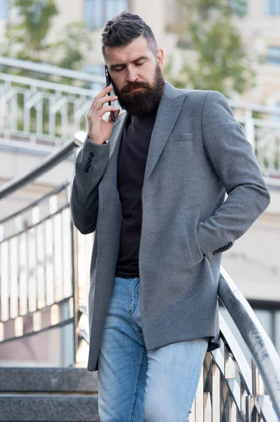 Waiting for connection with operator. Serious conversation. Man control business phone call. Businessman call smartphone. Business communication. Successful call mobile conversation. Important call