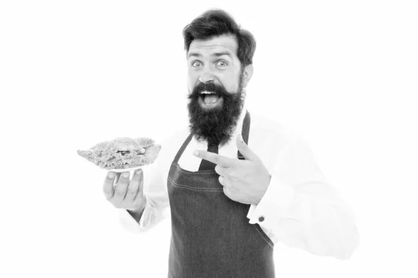 Guy serving croissant stuffed with lettuce and fresh vegetables. Healthy food. Traditional french croissant. Man bearded waiter wear apron carry plate with dish. Delicious croissant. Cafe concept — ストック写真