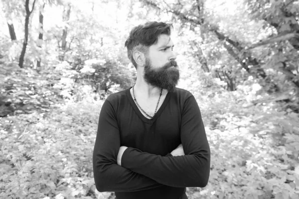 Nature sauvage. Homme barbu hipster fond de feuillage lumineux. Le gars se relaxe en forêt. Explorer la nature. Bel homme avec barbe et moustache dans la nature. Brutalité du concept jungles. Saison chaude estivale — Photo