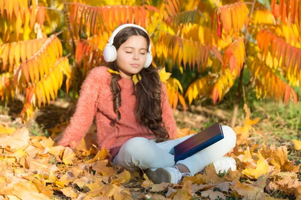 这样知识就能更好地吸收.小女孩喜欢在秋天的网上学习。小孩子在耳机里听网上的书。在线学校。私人教育在线 — 图库照片