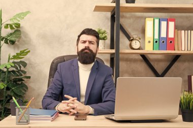 CEO ve İcra Direktörü. Adam patron sit ofis dizüstü sakallı. Yöneticisi iş sorunlarını çözme. İşadamı şarj başarılı iş çözümleri. İş stratejisi geliştirmek. Riskli iş