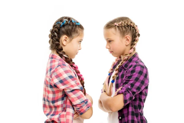 Easy hairdo for long length hair. Small childred with plait hairdo. Little girls wear long braid hairdo. Hairdo salon. Beauty and hair parlor for kids — Stock Photo, Image