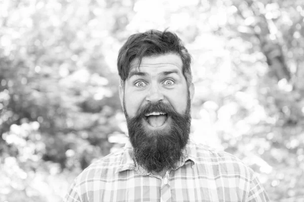 Être de bonne humeur. Joyeux hipster le jour de l'été. Homme barbu souriant dans un style branché hipster sur l'environnement naturel. Un mec brutal dans le style décontracté hipster. Hipster portant une barbe épaisse et des cheveux élégants — Photo