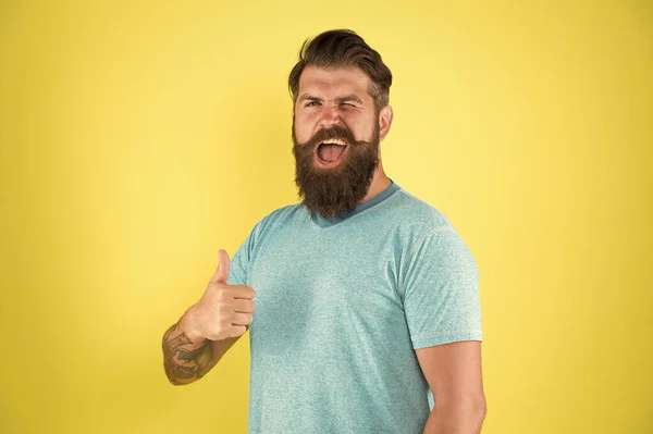 Just perfect. Man bearded hipster with mustache. Beard mustache grooming guide. Hipster handsome bearded guy yellow background. Barber shop concept. Growing and maintaining moustache. Grow mustache — Stock Photo, Image