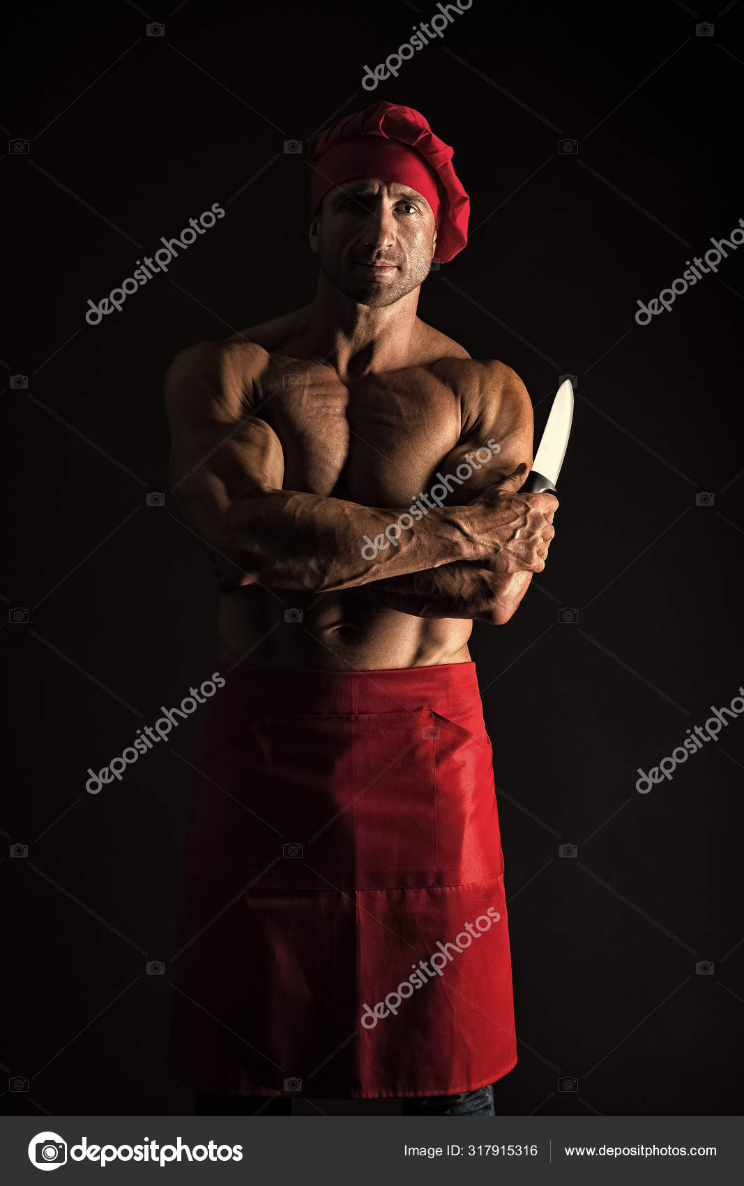 Man attractive nude chef wear apron. Sexy muscular chef black background.  Attractive chef cook. Muscular chef bodybuilder. Sport diet. Delicious  recipe. Sexy macho cooking. I will make it tasty Stock Photo by ©