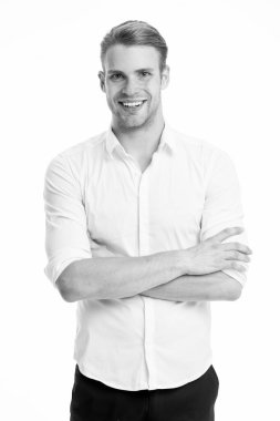 Beyaz yaka işçisi. Adam iyi bakımlı resmi zarif gömlek beyaz arka plan. Menswear resmi tarzı. Adam yakışıklı ofis işçisi. Çalışma resmi elbise kodu. Büro ve Orta zincir yönetimi