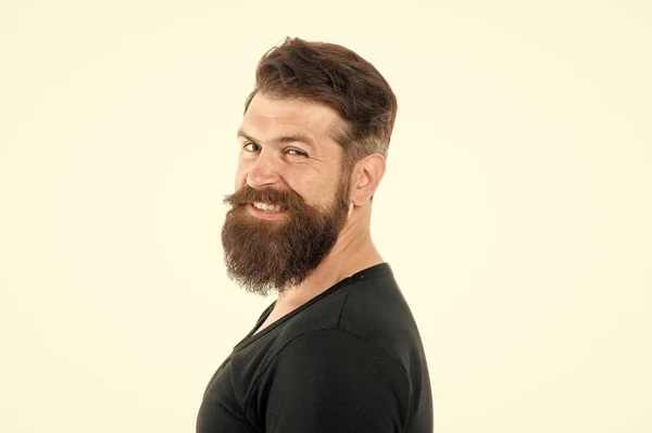 Smiling macho. Barber shop concept. Man bearded hipster with mustache. Beard mustache grooming guide. Hipster handsome bearded guy white background. Growing and maintaining moustache. Grow mustache — Stock Photo, Image