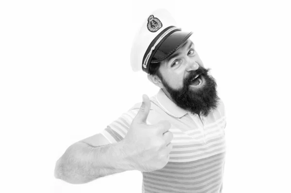 Summer vacation. Hipster beard mustache sailor hat. Captain of cruise liner. Brutal seaman isolated on white. Captain concept. Welcome aboard. Bearded man captain of ship. Sea cruise. Travel concept