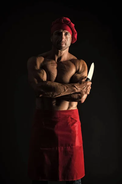 Man attractive nude chef wear apron. Sexy muscular chef black background. Attractive chef cook. Muscular chef bodybuilder. Sport diet. Delicious recipe. Sexy macho cooking. I will make it tasty — Stock Photo, Image