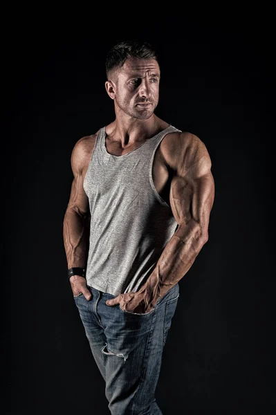 Mature sportsman. Bodybuilding concept. Strong athletic fitness man. Bodybuilding training. Strength and motivation. Sport achievement. Successful in sport. Stay great shape. Bodybuilding lifestyle — Stock Photo, Image