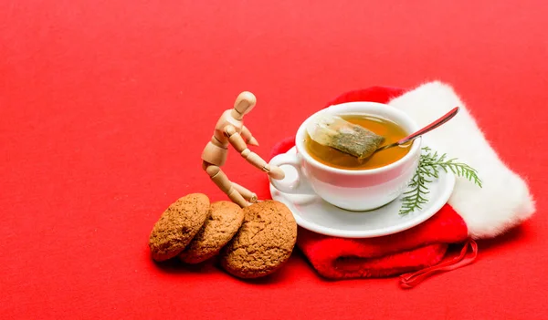 Gourmet delicious taste. Cafe restaurant menu. Cup of tea on red background close up. Herbal or green tea. Ceramic cup hot fresh brewed tea beverage. Health care folk remedies. Warm winter beverage — Stock Photo, Image