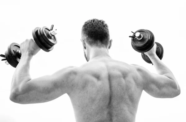 Homme sportif haltérophilie. stéroïdes. corps athlétique. Gymnase d'haltères. équipements de fitness et de sport. Musclé dos homme exercice le matin avec haltère. Mode de vie sain. Ne jamais abandonner et continuer à avancer — Photo