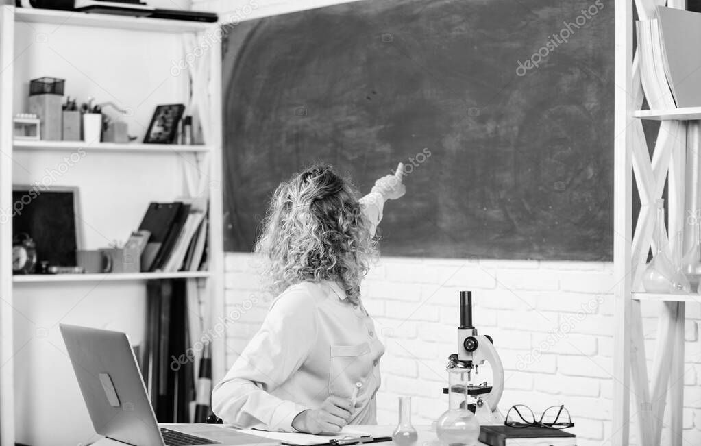 Learning concept. Scholarship talented student. Teacher passionate about science. Knowledge day. Inspiration for studying. Woman college student classroom with laptop. Student project investigation