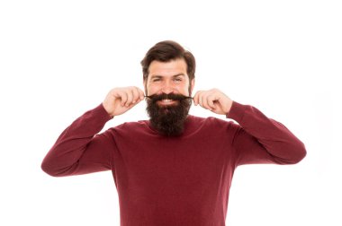 Kendi stili. Olgun sakallı adam bıyığı. Bıyıklı hippi. Kuaför salonu. Berber dükkanından sonra mutlu hipster. Erkek modası. sakal bakımı. Vahşi adam beyazda izole edilmiş. Tarzımı seviyorum.