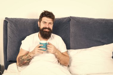 Sakallı adam sabah kahvesi içiyor. Yeni güne uyum içinde. Sabah fincan kahve ile daha iyi uyanma. Rahatla ve dinlen. İnsanlık kahveyle çalışır. Adam acımasız yakışıklı hipster rahatlatıcı yatak odası içki kahve