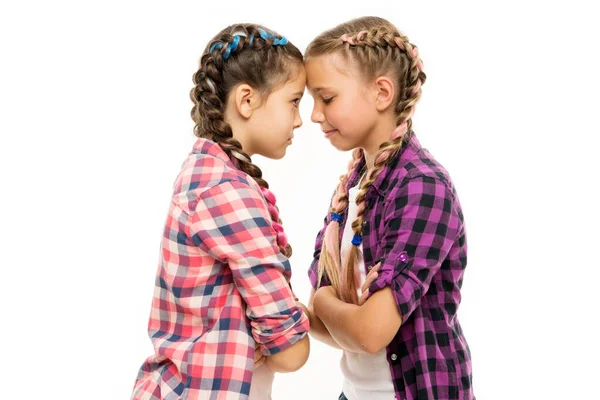 Childhood friends. Little friends isolated on white. Small friends wear long plait hair. Beauty look of adorable girls. Friends and friendship