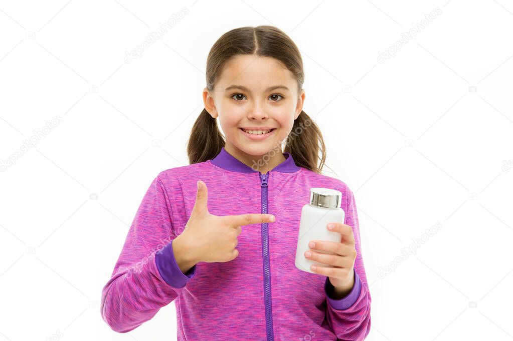 Add vitamin to your ration. food additives complex. healthy sporty kid vitamin jar. Little girl happy smile. small child isolated on white. pills for healthy growth. early phisical development