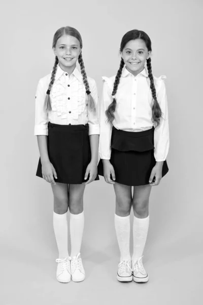 Making everything right. Excellent pupils. Girls perfect uniform outfit on yellow background. According to school rules. Classmates tidy pupils. Educational program for gifted kids. Best pupils award