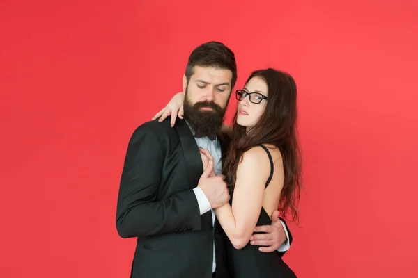 Love is in the air. Couple in love enjoy romantic relations. Bearded man and sexy woman in loving relations. Keeping up business relations. Relations and relationship