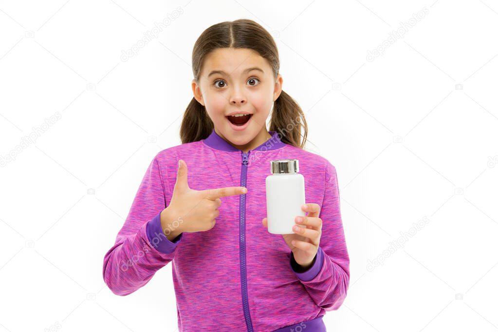 super energetic. Health care. early phisical development. food additives complex. healthy sporty kid vitamin jar. Little girl happy smile. small child isolated on white. pills for healthy growth