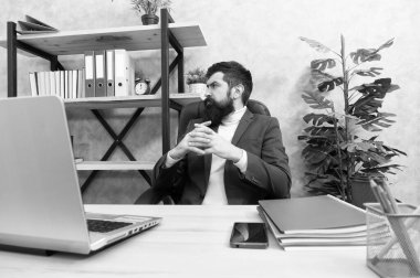 yeni iş stratejisi üzerinde düşünme. Pazarlama stratejisi planlama. Acımasız işadamı ofiste düşünün. Olgun adam bilgisayar kullanır. Erkek patron çalışıyor. Bu stratejiyi kullanmalıyız. Yeni strateji geliştirme