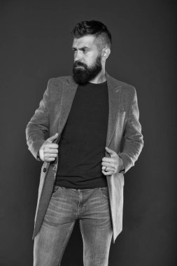 Uzun sakalı iyi çalışıyor. Şık bıyık lı ve sakallı sakallı adam. Dokulu sakal saç gri arka plan ile traşsız hipster. Sakallı beyaz adam rahat tarzı giymek