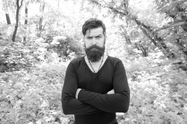 Ormanların vahşeti kavramı. Yaz sıcağı sezonu konsepti. Vahşi doğa. Adam sakallı hipster parlak yeşillik arka plan. Adam yaz ormanında rahatla. Sakallı ve bıyıklı yakışıklı adam yaz tatili