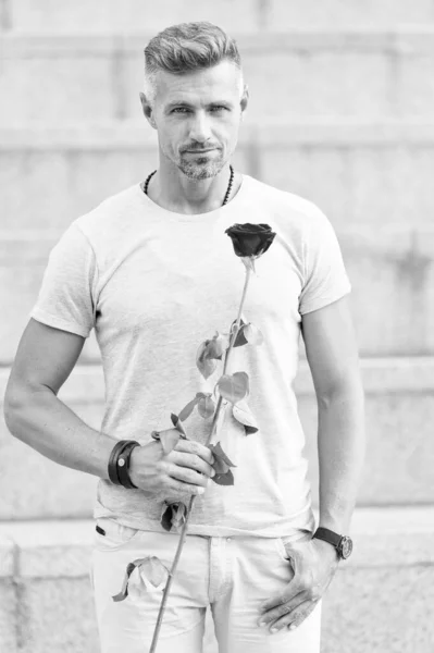 Happy birthday. Bearded man holding fresh natural birthday gift. Handsome man with red rose for birthday celebrating. The perfect way to show your birthday wishes