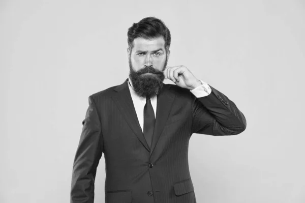 Empreendedor motivado sério. Barbearia e estilista. Conceito de homem bonito. Porque vales a pena. Homem de negócios confiante e bonito barbudo num fato formal. bem sucedido bonito hipster top manager — Fotografia de Stock