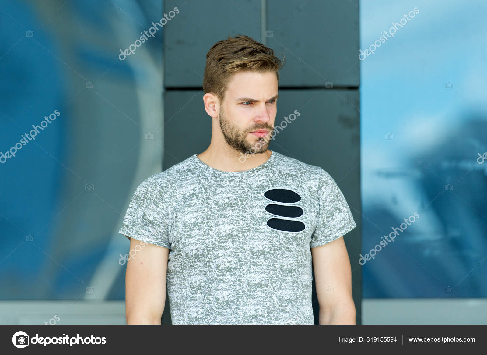 Modern life. macho man glass building background. male fashion summer  trends. strong-willed male. unshaven man care skin and beard. barbershop  concept. muscular guy urban style. ordinary day of life Stock Photo by ©