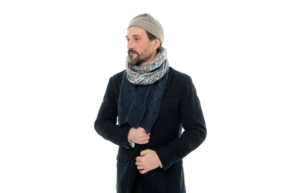 Knitted accessories. Mature man cold winter weather style. Winter collection. Man enjoy warmth and comfort. Casual coat for cold winter conditions. Handsome guy wearing hat and scarf white background — Stock Photo, Image