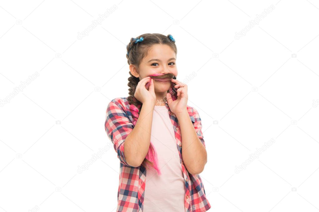 Fake mustache. Happy girl child isolated on white. Small child have hair fun. Little child wear long braids. Cute child smile in casual fashion style. Childhood