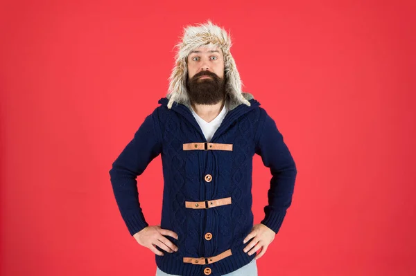 冬の準備だ。残忍な男耳フラップ帽子。ファーハットアクセサリー。髭の男は冬の活動の準備ができている。暖かく快適に。男性のファッション。流行のヒップスターを驚かせた。寒い季節にひげを生やして — ストック写真