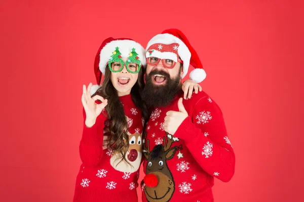 Togetherness. Merry christmas. Joyful cheerful people. Father and daughter winter sweaters celebrate new year. Happy family hug. Bearded man and kid. Family celebrate holiday. Family tradition — Stock Photo, Image