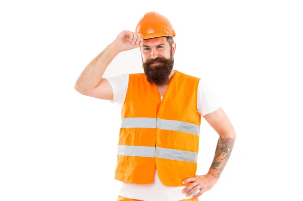 Een man met ervaring. Man of arbeider geïsoleerd op wit. Een man met baard in werkkleding. Gelukkige bouwvakker of bouwvakker. Professionele man met lange baard en snor — Stockfoto