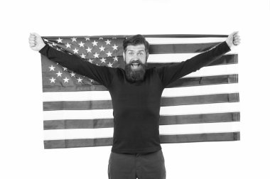 Independence concept. Career growth. Man hold american flag. Country opportunities. National holiday. Hipster bearded guy celebrate independence day. Proud citizen celebrate independence 4th of july clipart