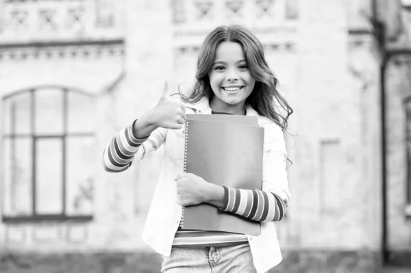 A melhor lição de sempre. Criança feliz dando polegares para a aula de literatura. Menina pequena sorrindo com livros de aula ao ar livre. Lição pode ser divertido — Fotografia de Stock