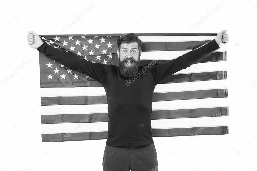 Independence concept. Career growth. Man hold american flag. Country opportunities. National holiday. Hipster bearded guy celebrate independence day. Proud citizen celebrate independence 4th of july