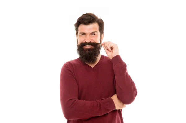 Sieht trendy aus. Gesichtspflege. Brutaler Mann isoliert auf weiß. Reifer bärtiger Mann. Hipster berühren seinen Schnurrbart. Friseursalon. Hipster nach Friseur. Männermode und Schönheit. Bartpflege — Stockfoto