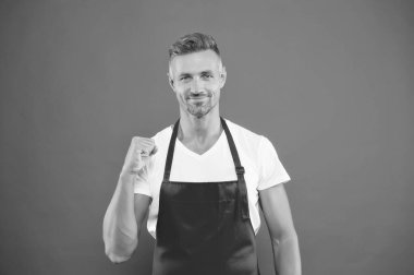 Yemek yapmayı seviyorum. Yetenekli ve emin. Cook giyen Bib önlük. Kırmızı önlük içinde sakallı olgun adam. Yemek önlük olgun adam. Ev ustası. Ev işi yapıyorum. Ev yemeği. Izgara partisi