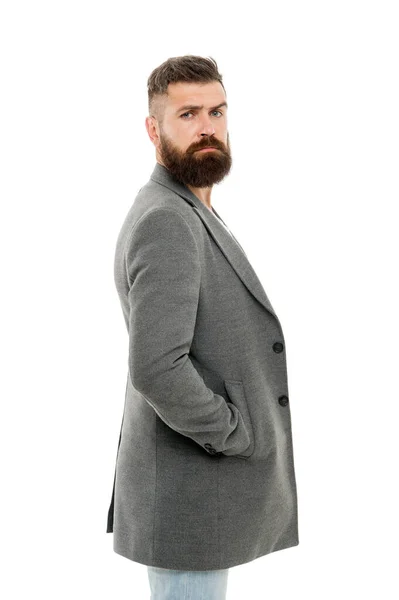 Chaqueta casual perfecta para cualquier ocasión. Sentirse cómodo en ropa de tela natural. Simple y casual. Traje casual. Ropa de hombre y concepto de moda. Hombre barbudo hipster elegante chaqueta de moda — Foto de Stock