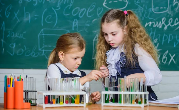 아이들은 실험을 하느라 바쁩니다. 다채 로운 물질로 된 관을 실험하는 것입니다. 화학 분석 과 관찰 반응. 학교에서 사용하는 장비. 여자 아이들은 학교 화학 수업을 들었습니다. 학교 실험실 짝 — 스톡 사진