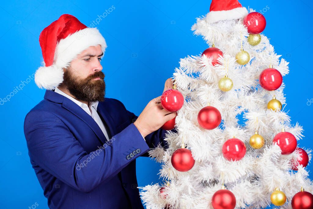 Beautiful decor. Decorate christmas tree. Man bearded santa boss preparing for celebrations. Christmas decorations. Reusable christmas tree. Winter decorations. Tradition concept. December routine