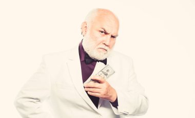 Para kar kazanın. Nakit güvenliği. Zengin büyükbaba ve miras. Başarılı bir iş adamı. Bankacılık ve para tasarrufu. Tasarruf sistemi. Kıdemli emekli nakit para tutuyor. Zenginlik ve refah