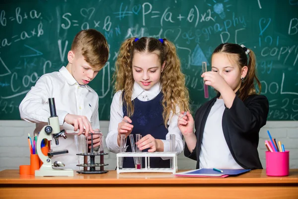 Tubos de ensayo con sustancias. Educación formal. Laboratorio escolar. Los alumnos de la escuela grupal estudian líquidos químicos. Las niñas y los niños estudiantes realizan experimentos escolares con líquidos. Escuela de química lección —  Fotos de Stock