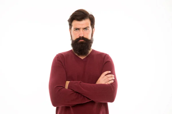 Självsäker i sin stil. Allvarlig hipster med mustasch. Frisörsalong. hipster efter frisersalongen. manligt mode och skönhet. Skäggvård. brutal man isolerad på vit bakgrund. mogen skäggig man — Stockfoto