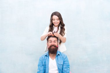 Daughter style, you smile. Little daughter stylist. Small daughter hairstyle fathers hair. Happy family. Cute hairdresser. Daughter barber did me first. Hair salon. Barbershop
