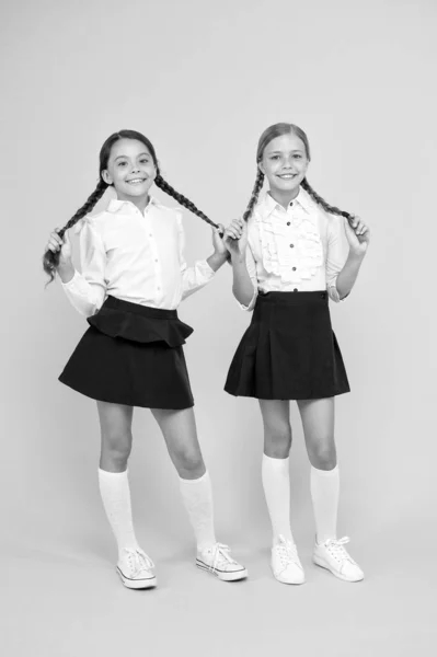 Extensões naturais de cabelo. Meninas adoráveis com cabelos entrançados no fundo amarelo. Bonito crianças pequenas segurando tranças de cabelo longas. Trançar e estilizar o cabelo para a escola — Fotografia de Stock